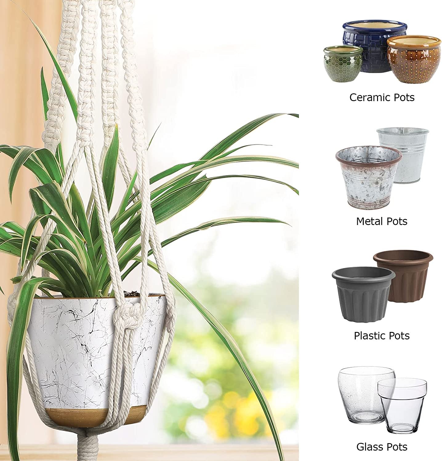 3 Pack Macrame Plant Hanger Indoor Hanging Planter for Plants Holder with 3 Hooks, Different Size for Boho Home Decor,Ivory(Pots NOT Included)