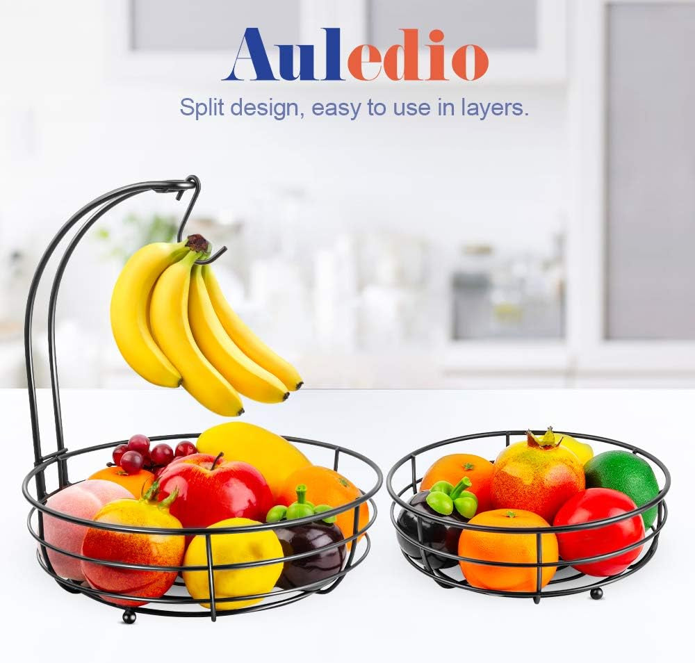 2-Tier Black Iron Fruit Basket Bowl with Banana Hanger – Countertop Storage for Fruits & Vegetables, 64 oz