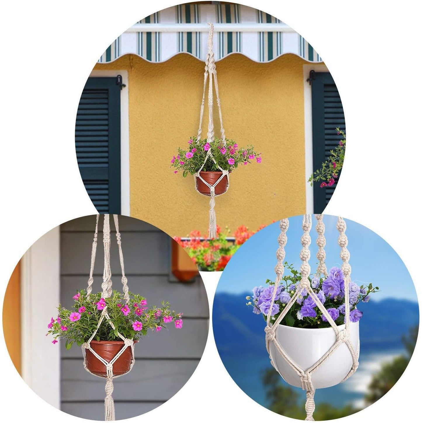 3 Pack Macrame Plant Hanger Indoor Hanging Planter for Plants Holder with 3 Hooks, Different Size for Boho Home Decor,Ivory(Pots NOT Included)