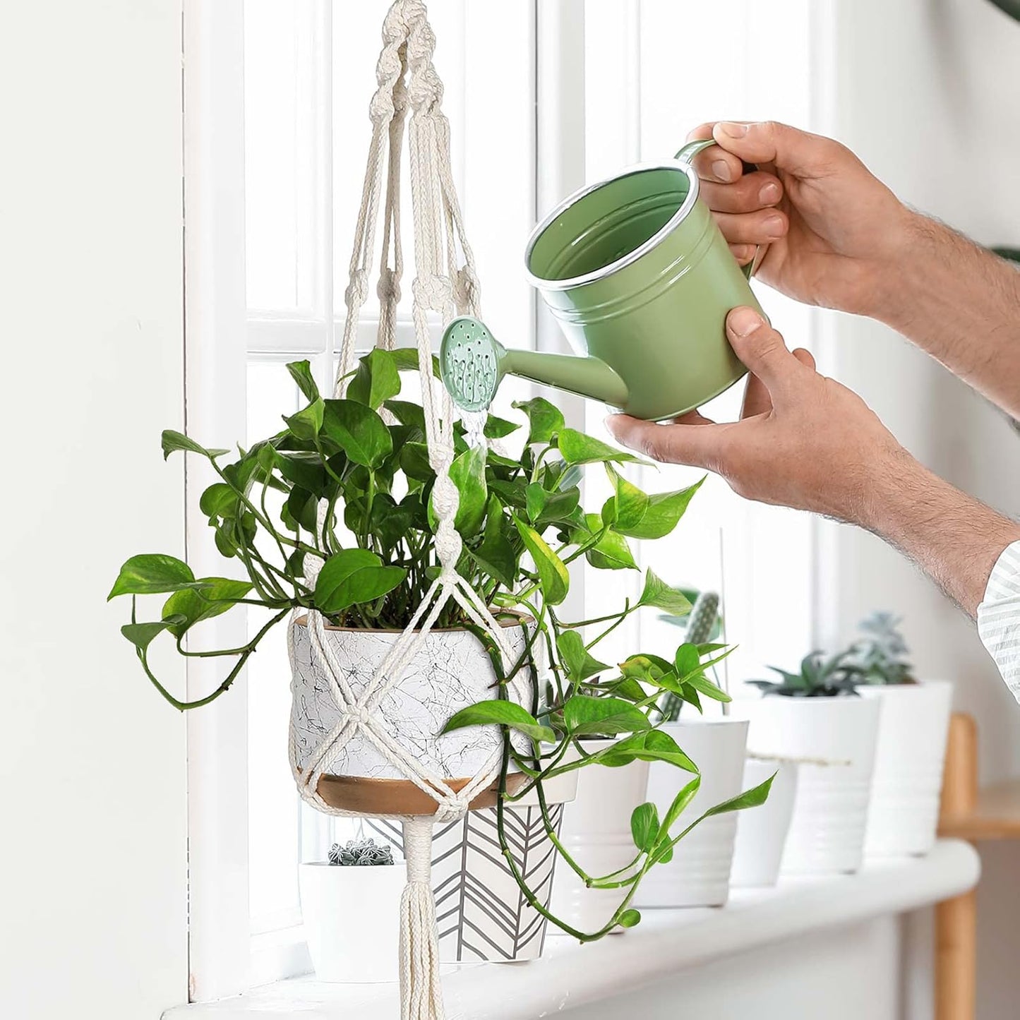 3 Pack Macrame Plant Hanger Indoor Hanging Planter for Plants Holder with 3 Hooks, Different Size for Boho Home Decor,Ivory(Pots NOT Included)