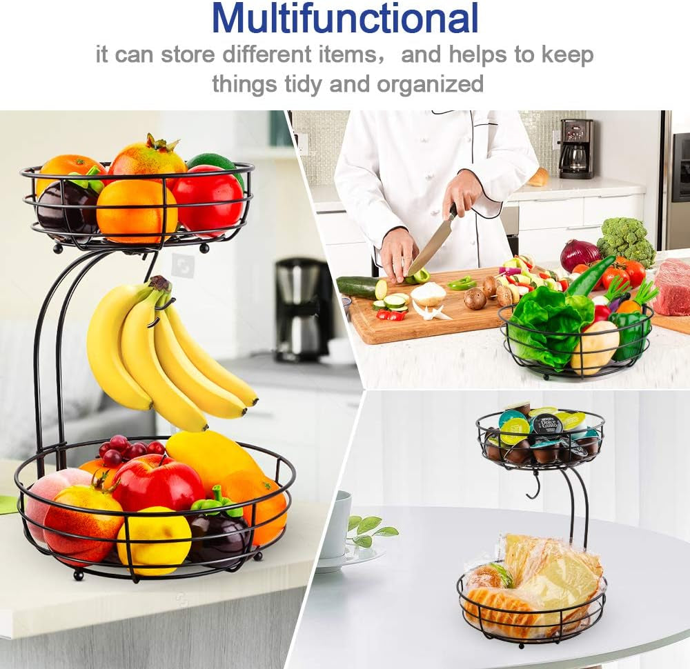 2-Tier Black Iron Fruit Basket Bowl with Banana Hanger – Countertop Storage for Fruits & Vegetables, 64 oz