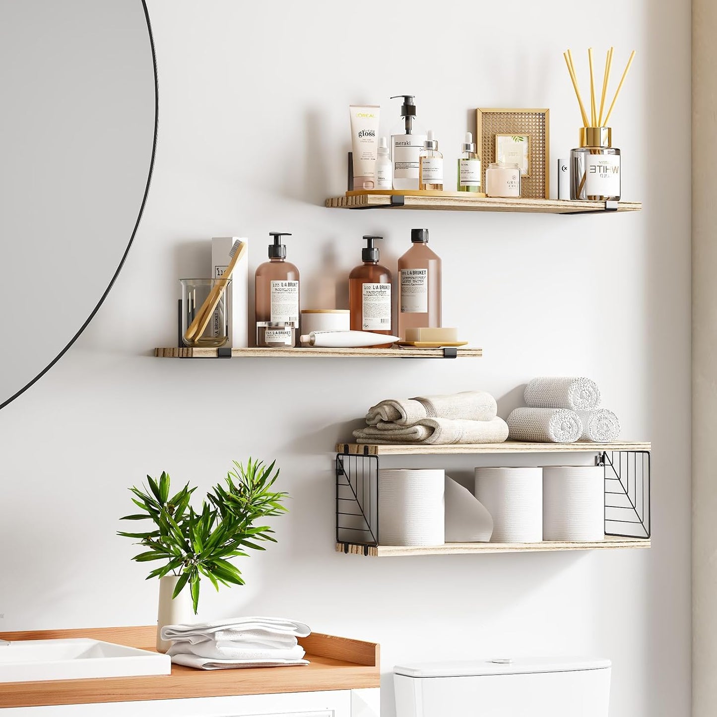 3+1 Tier Bathroom Floating Shelves over Toilet – 15.8” Farmhouse Rustic Wood with Black Metal Frame for Bathroom & Home Decor