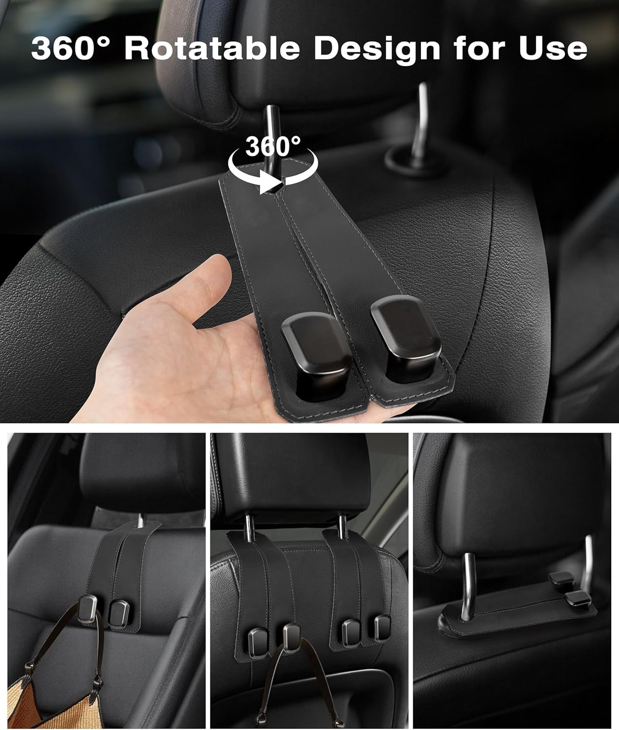 Car Purse Holder Hook, 2PCS Car Hooks for Headrest Luxurious Leather 100% Metal Car Hangers for Seat Multifunctional Car Bag Hook Car Seat Back Storage Hook Accessories (Grey)