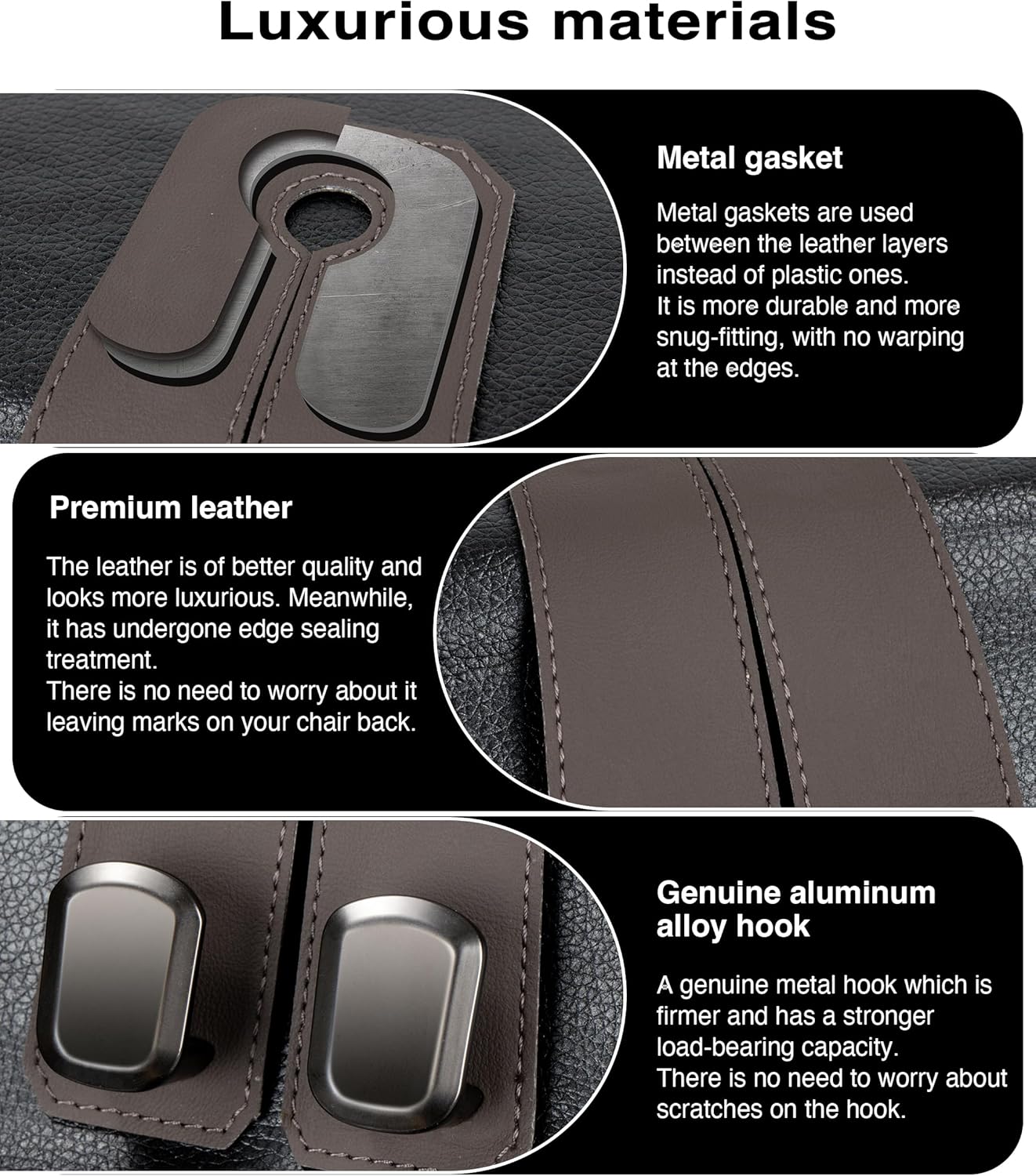 Car Purse Holder Hook, 2PCS Car Hooks for Headrest Luxurious Leather 100% Metal Car Hangers for Seat Multifunctional Car Bag Hook Car Seat Back Storage Hook Accessories (Grey)