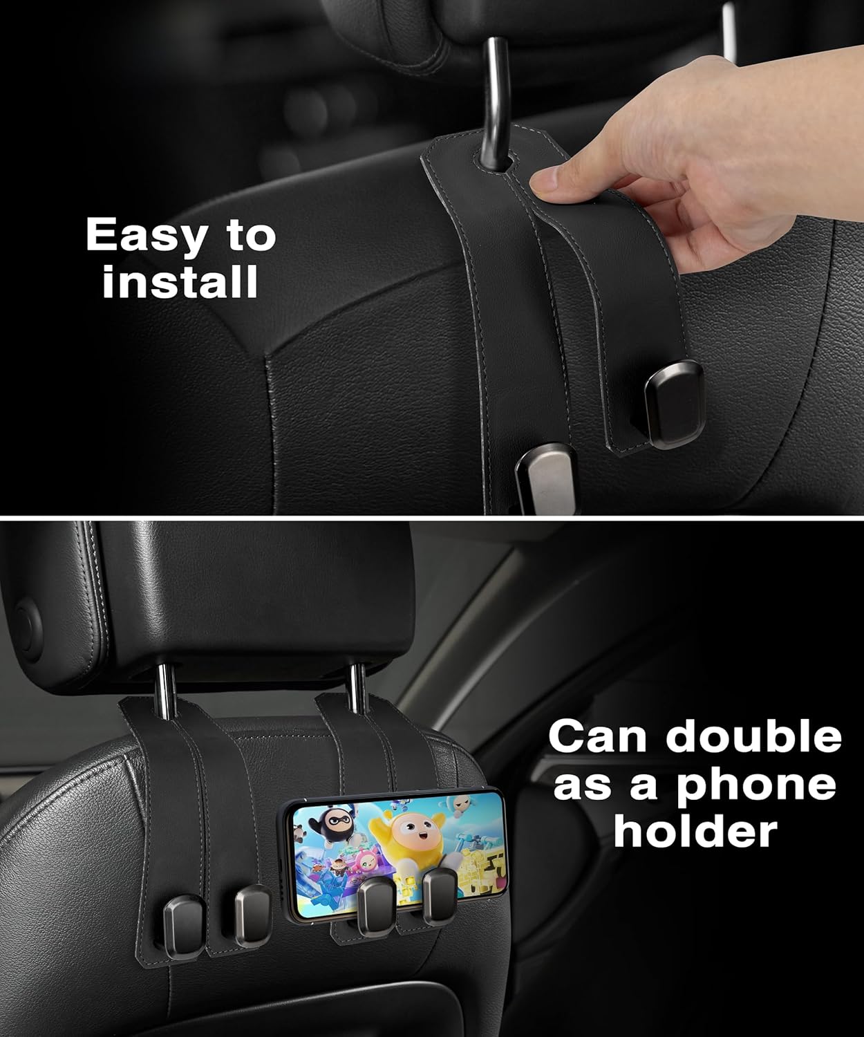 Car Purse Holder Hook, 2PCS Car Hooks for Headrest Luxurious Leather 100% Metal Car Hangers for Seat Multifunctional Car Bag Hook Car Seat Back Storage Hook Accessories (Grey)