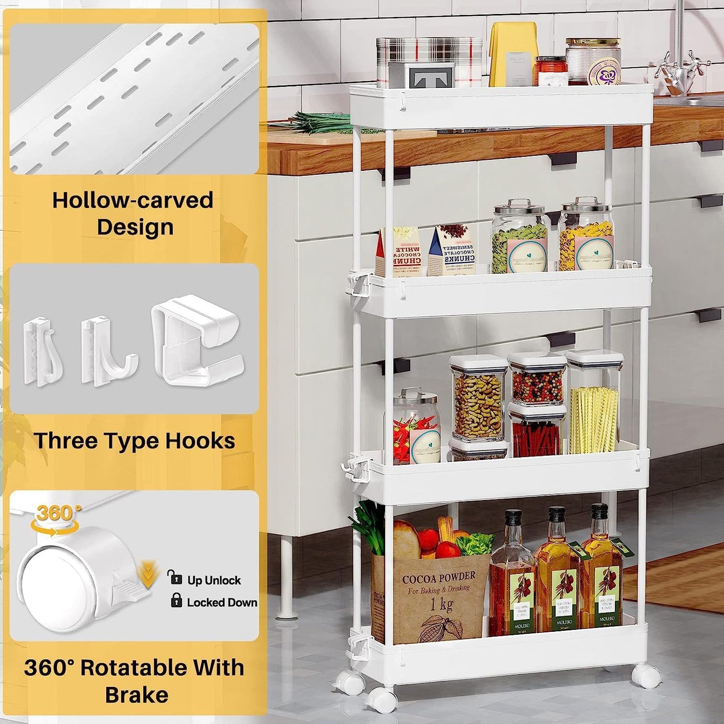 Slim Rolling Storage Cart 4 Tier Organizer Mobile Shelving Unit Utility Cart Tower Rack for Kitchen Bathroom Laundry Narrow Places, Black