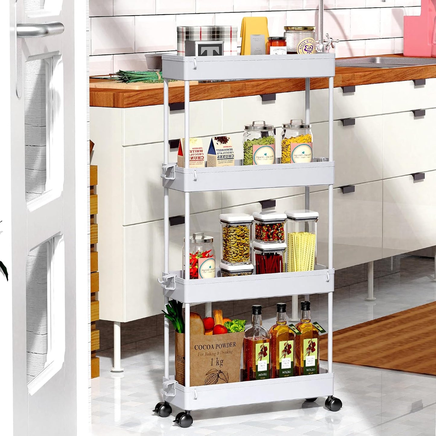 Slim Rolling Storage Cart 4 Tier Organizer Mobile Shelving Unit Utility Cart Tower Rack for Kitchen Bathroom Laundry Narrow Places, Black