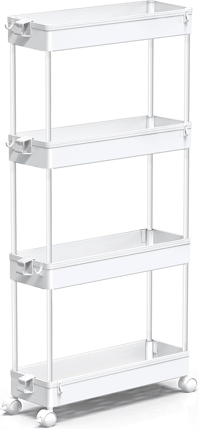 Slim Rolling Storage Cart 4 Tier Organizer Mobile Shelving Unit Utility Cart Tower Rack for Kitchen Bathroom Laundry Narrow Places, Black
