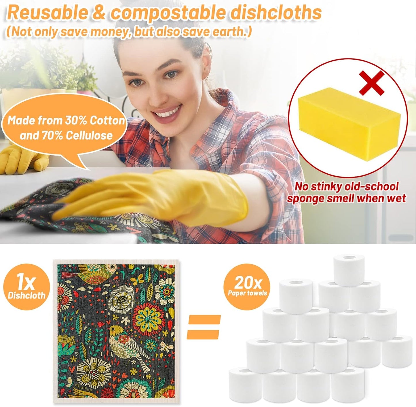 8 Pack Swedish Dishcloths for Kitchen, Reusable Soft Kitchen Towels Dish Cloths Set Absorbent Sponge Cleaning Washable Quick Drying Bar Hand Washing (Birds Flowers)