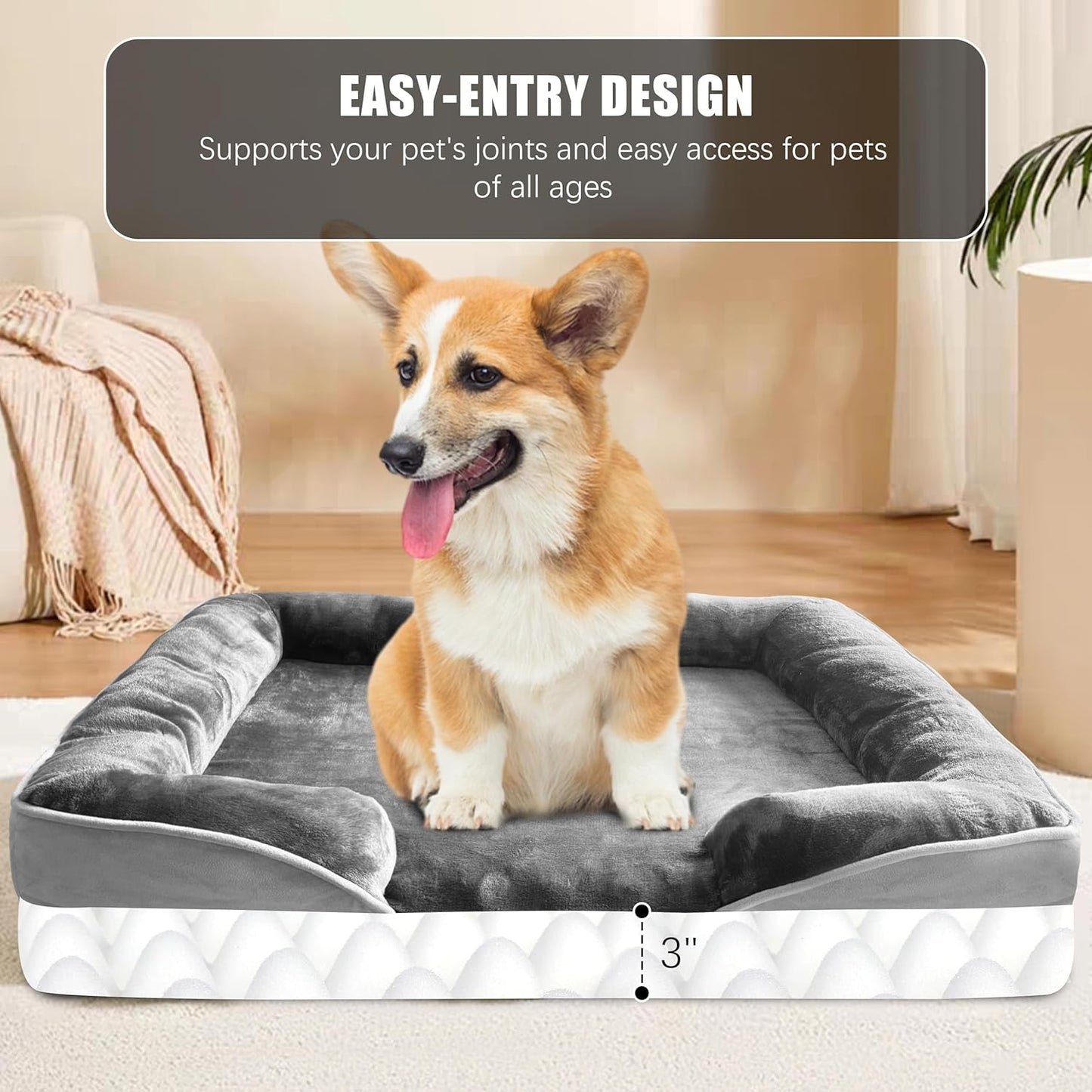 Orthopedic Dog Sofa Bed – Medium Grey Foam Couch with Washable Cover & Waterproof Lining