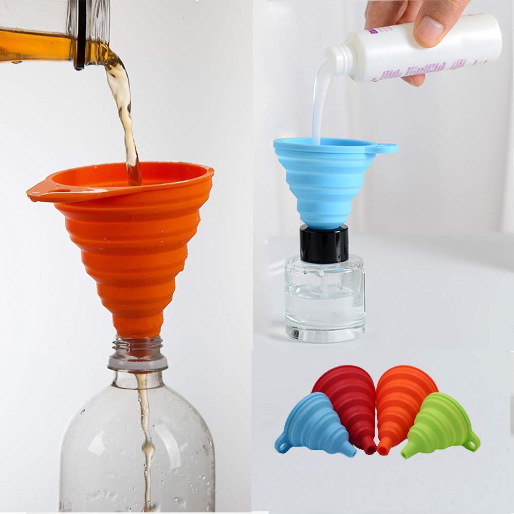 Collapsible Silicone Funnel Set – 4-Pack Foldable Kitchen Funnels for Bottles & Liquids