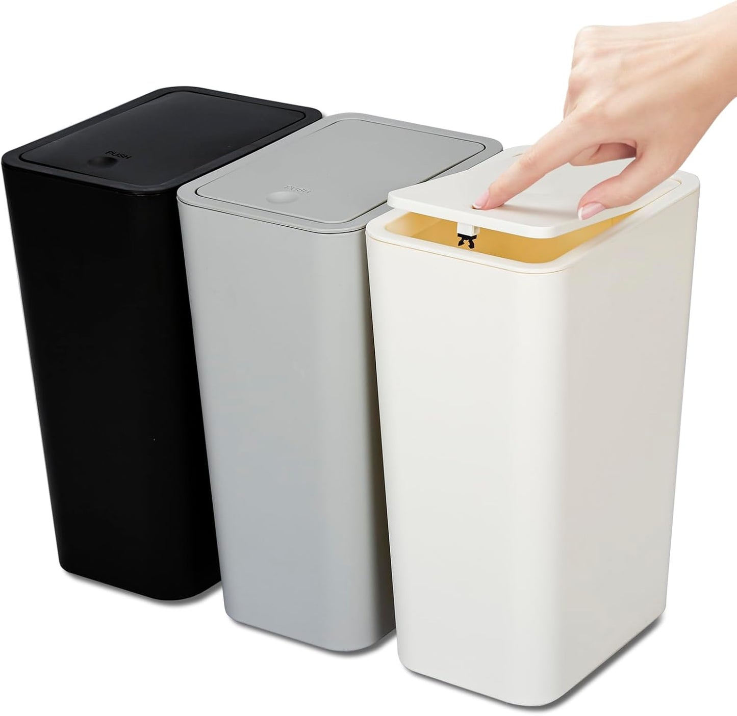 3-Pack Small Trash Cans with Lid – 10L Pop-Up Waste Baskets for Bathroom, Kitchen & Office (Off-White)