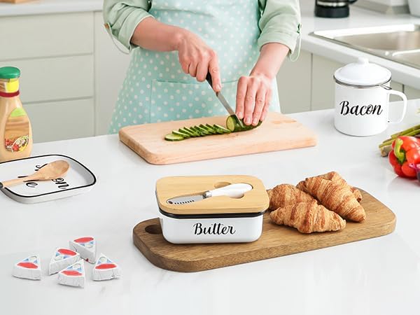 Butter Dish with Lid & Curler Knife – Stainless Steel Butter Keeper with Double Silicone Seal for Farmhouse Kitchen Decor