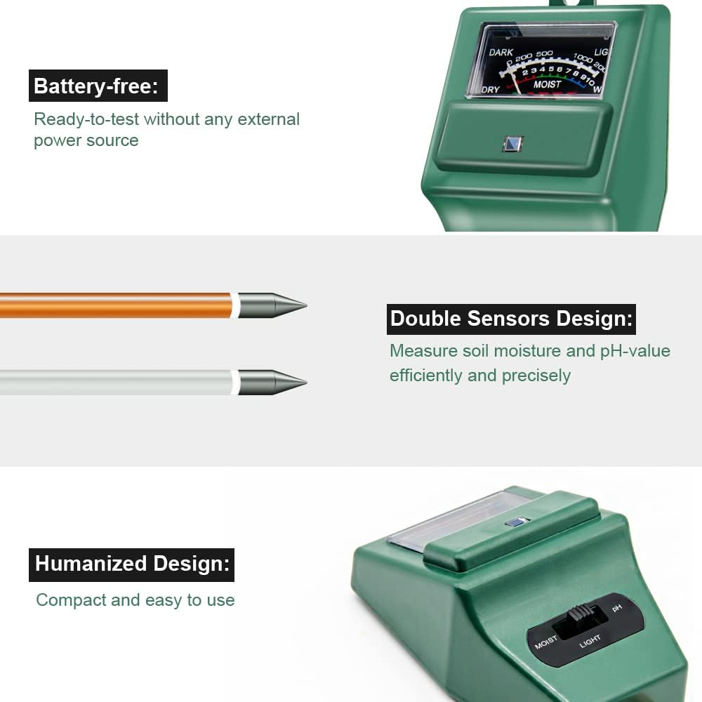 MS02 3-in-1 Soil pH Meter – Moisture, Light & pH Tester for Plants (Green)