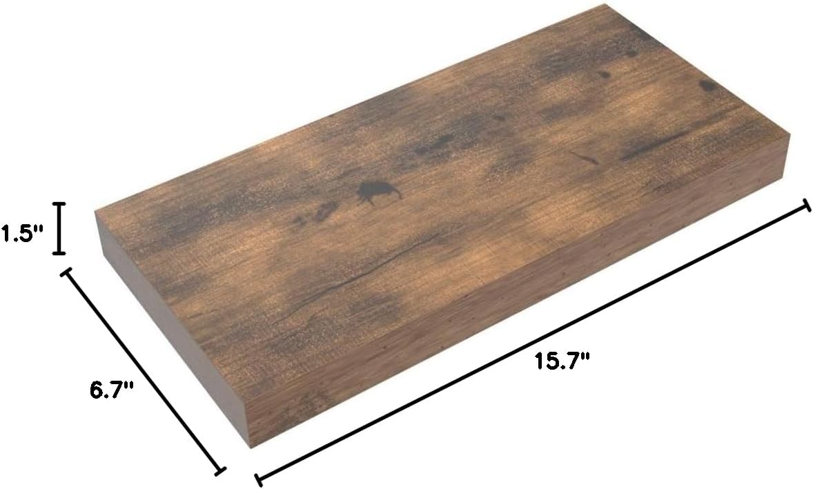 Set of 3 Floating Wall Shelves – 16" Rustic Brown Wood Hanging Shelves for Bathroom, Bedroom, Kitchen & Living Room – Farmhouse Wall Decor (015-BN3)
