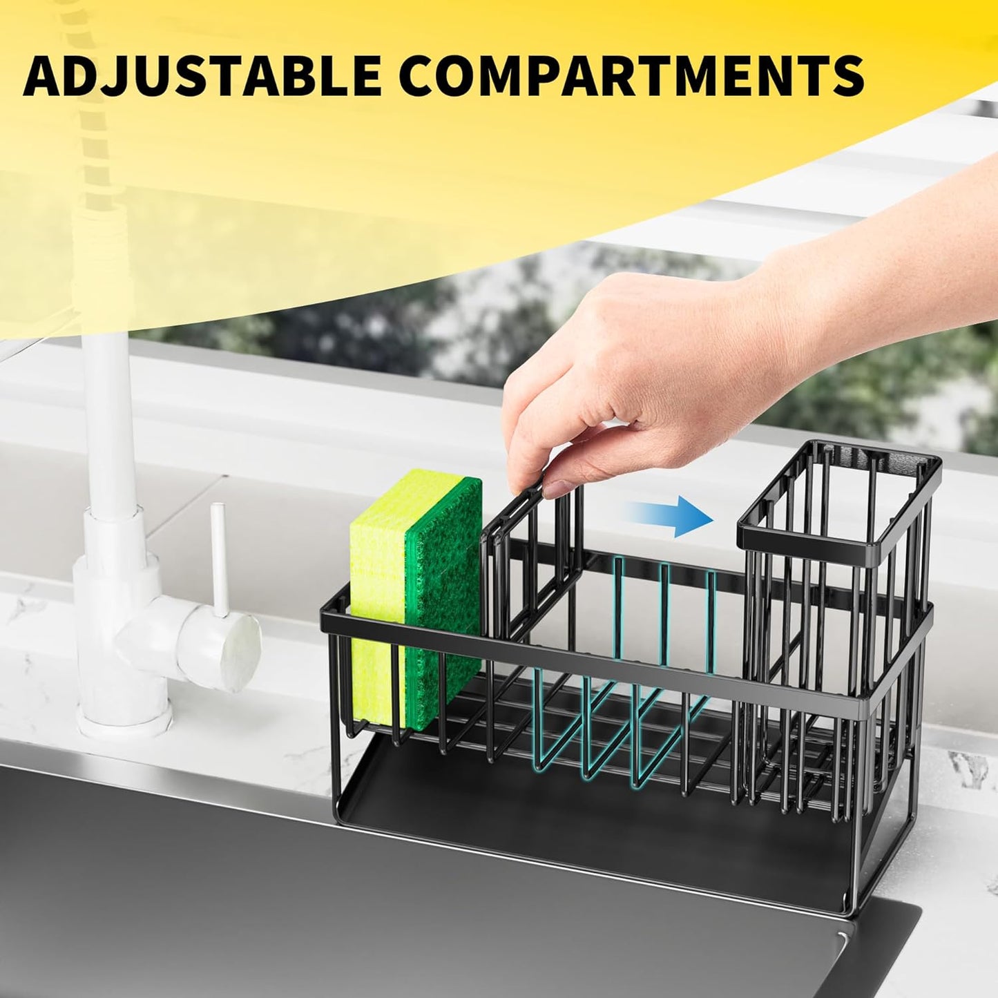 Kitchen Sink Caddy Organzier with High Brush Holder, Sponge Holder for Sink, 304 Rustproof Stainless, Kitchen Countertop Soap Dispenser Organizer, Kitchen Decor and Accessories