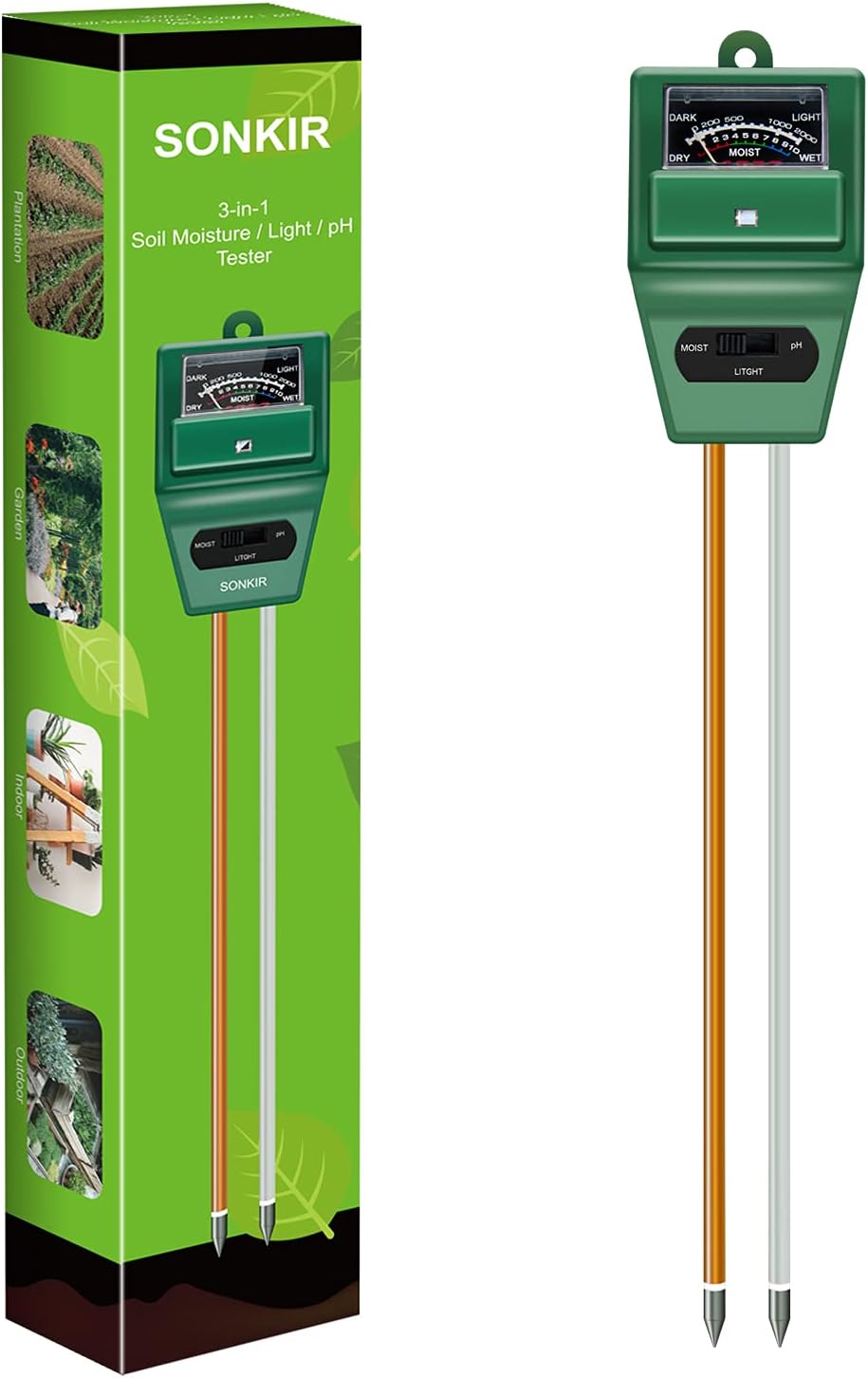 MS02 3-in-1 Soil pH Meter – Moisture, Light & pH Tester for Plants (Green)