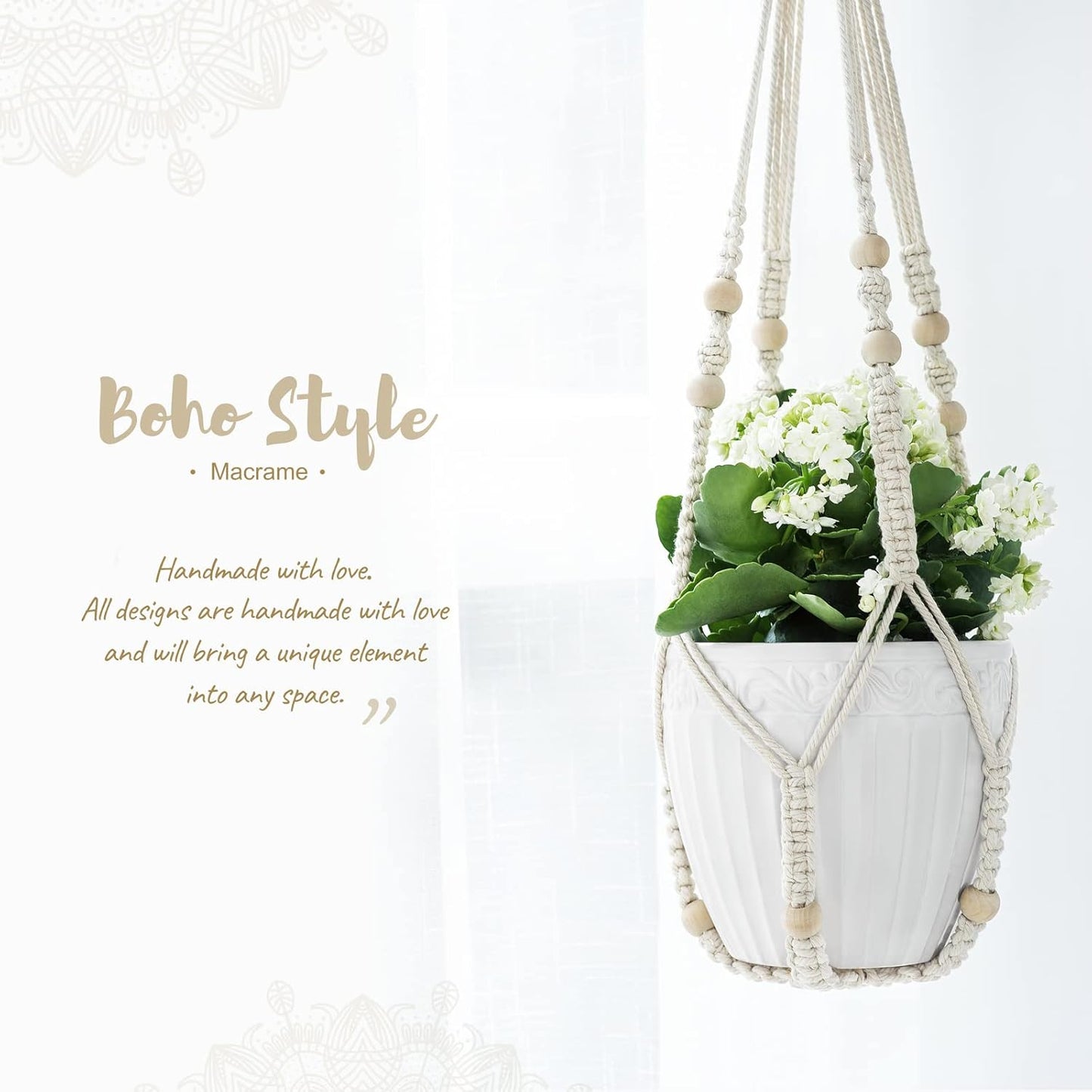 3-Pack Macrame Plant Hangers – Ivory Indoor Hanging Planters with Beads, 3 Sizes (35", 29", 23") – No Tassels