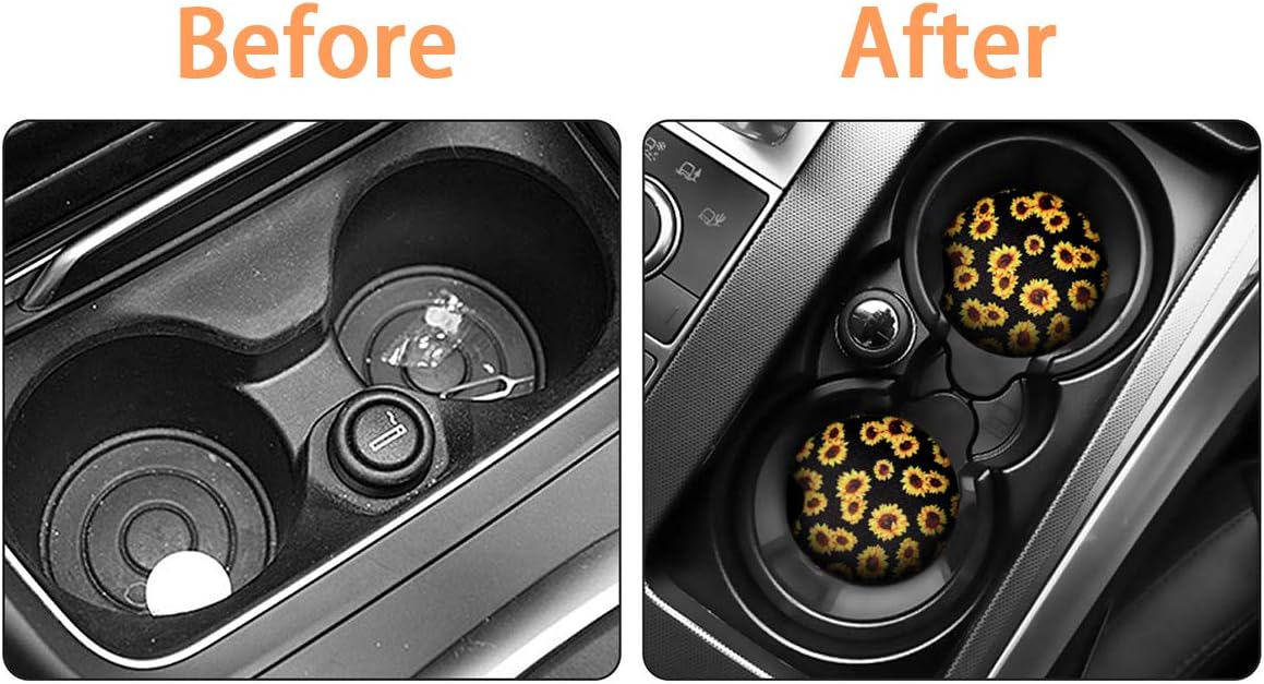 2 Pack Car Coasters for Drinks Absorbent - 2.75 Inch Cute Car Cup Holder Coasters for Women, Removable Cup Holder Coaster for Your Car, Car Interior Accessories for Women & Girls (Sunflower)