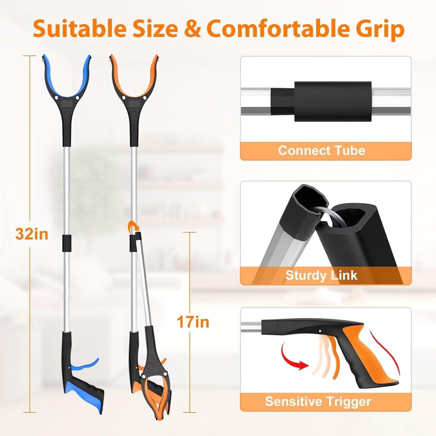 32" Foldable Grabber Reacher Tool – 2-Pack Pickup Tool with 360° Rotating Claw & Magnetic Tip