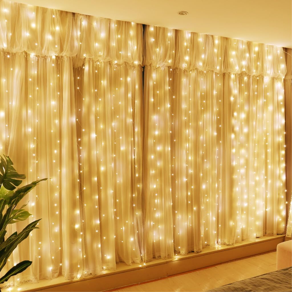 300 LED Warm White Fairy Curtain Lights – 9.8x9.8 Ft USB Hanging String Lights with Remote & 8 Modes for Bedroom, Weddings & Parties