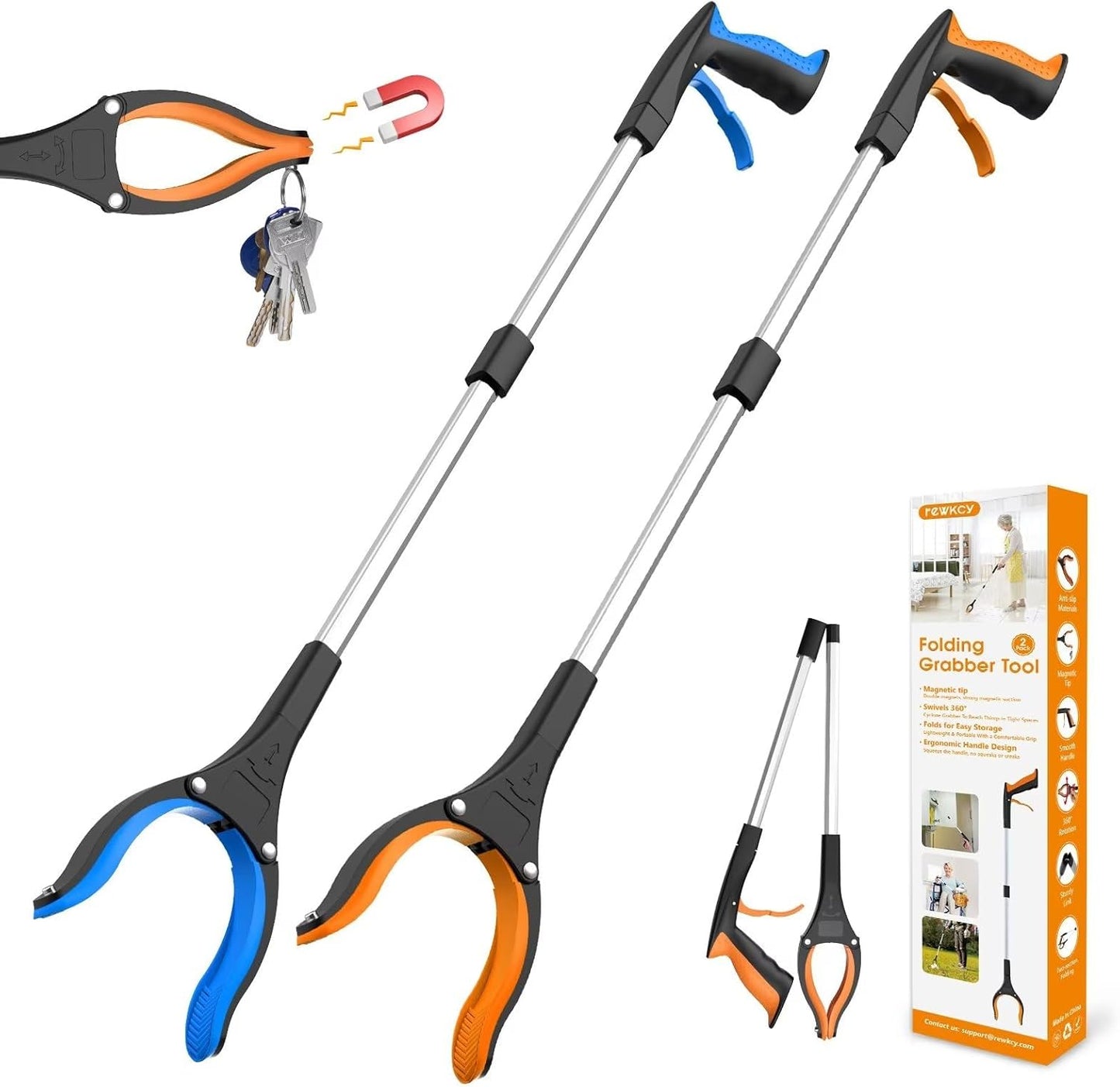 32" Foldable Grabber Reacher Tool – 2-Pack Pickup Tool with 360° Rotating Claw & Magnetic Tip
