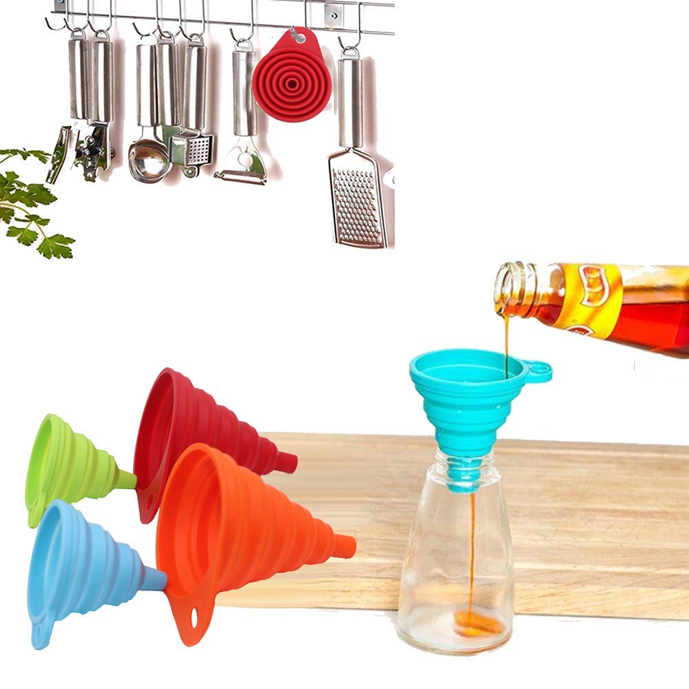 Collapsible Silicone Funnel Set – 4-Pack Foldable Kitchen Funnels for Bottles & Liquids