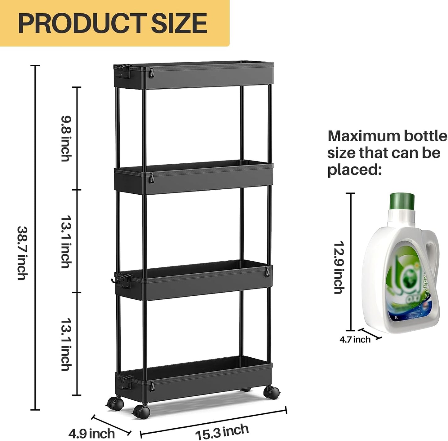 Slim Rolling Storage Cart 4 Tier Organizer Mobile Shelving Unit Utility Cart Tower Rack for Kitchen Bathroom Laundry Narrow Places, Black