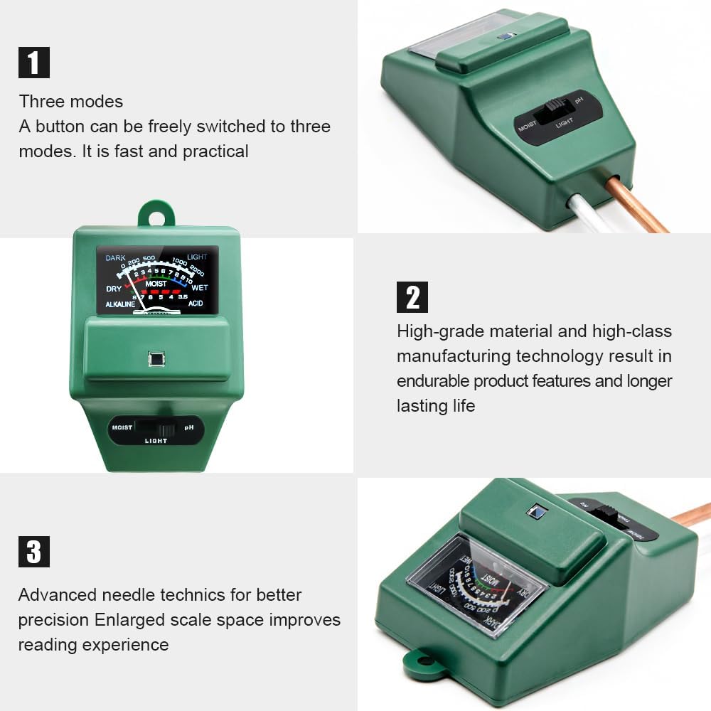 MS02 3-in-1 Soil pH Meter – Moisture, Light & pH Tester for Plants (Green)