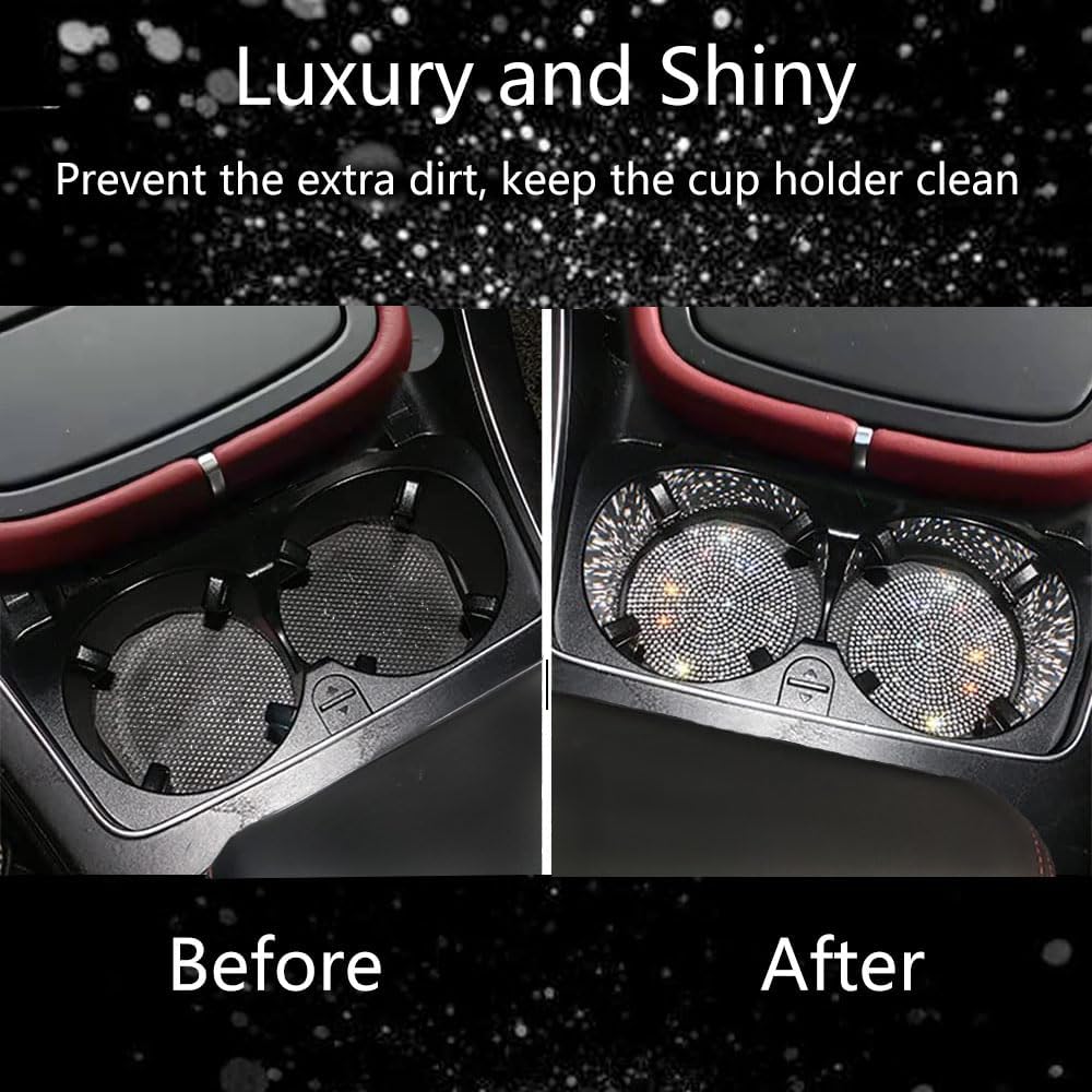 2Pcs Bling Car Cup Holder Coasters – White Crystal Rhinestone Anti-Slip Car Interior Accessories for Women (2.75 Inch)