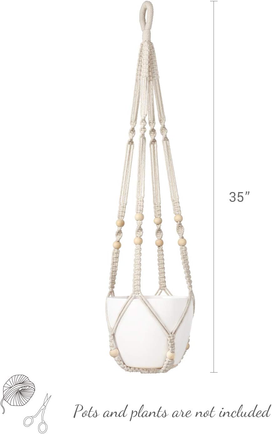 Macrame Plant Hanger Set – 35" Ivory Indoor Hanging Planters with Wood Beads (2 Pack, Pots Not Included)