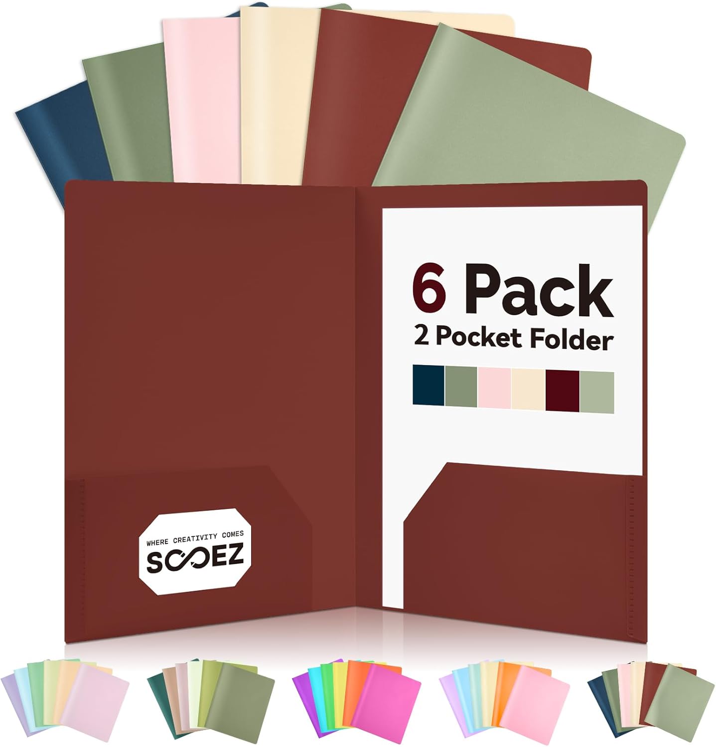6-Pack Plastic Pocket Folders – Heavy Duty, 2-Pocket, Pastel Colors for School & Office