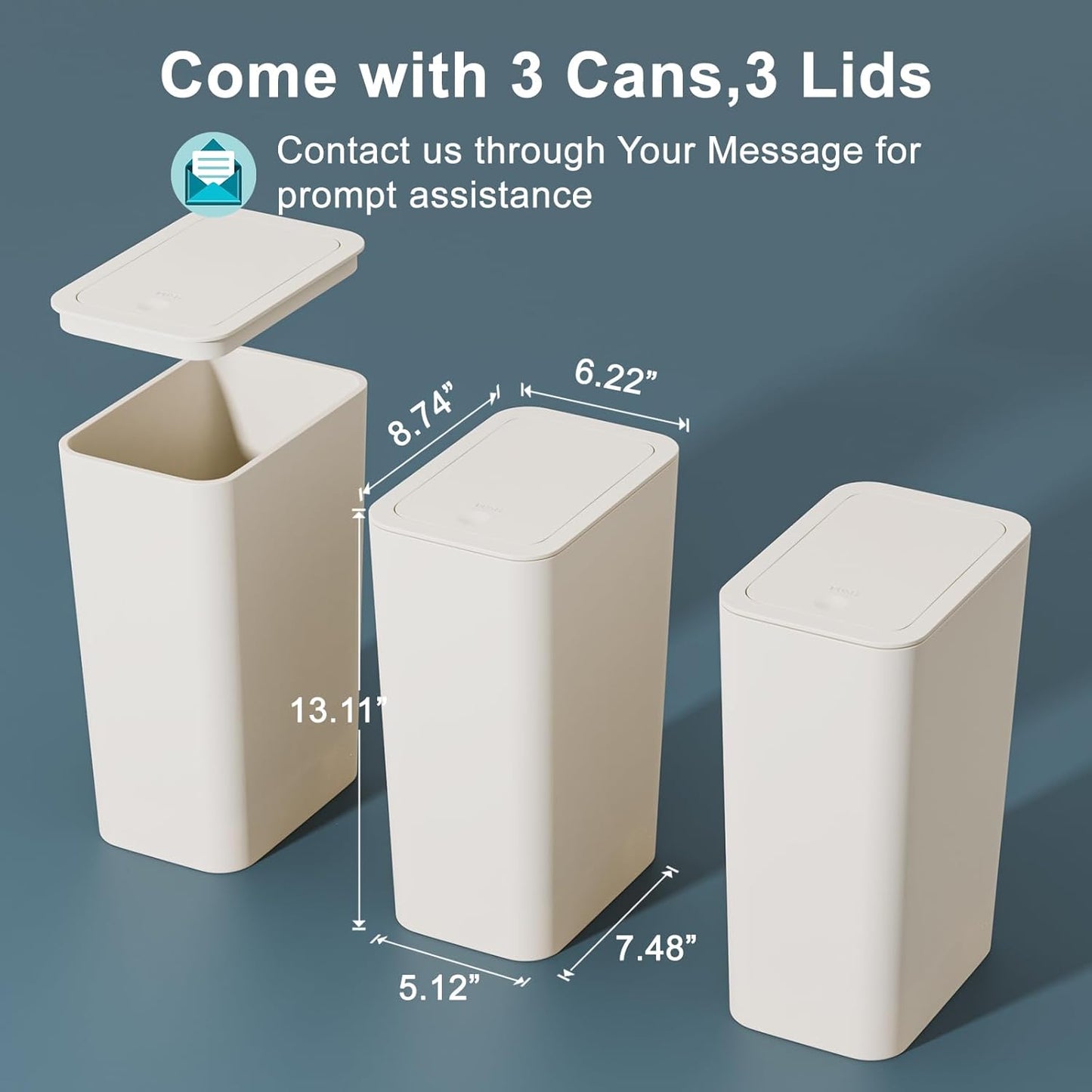 3-Pack Small Trash Cans with Lid – 10L Pop-Up Waste Baskets for Bathroom, Kitchen & Office (Off-White)