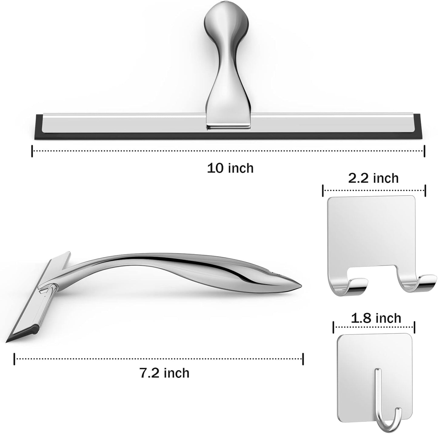 10" Stainless Steel Shower Squeegee – Glass Door & Tile Cleaner with 2 Adhesive Hooks