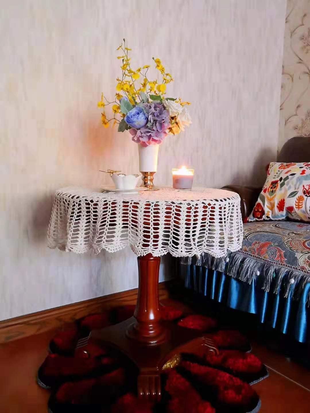 33" Vintage Crochet Lace Round Tablecloth – Handmade Cotton Doily Table Topper for Boho Wedding & Home Decor (Beige)