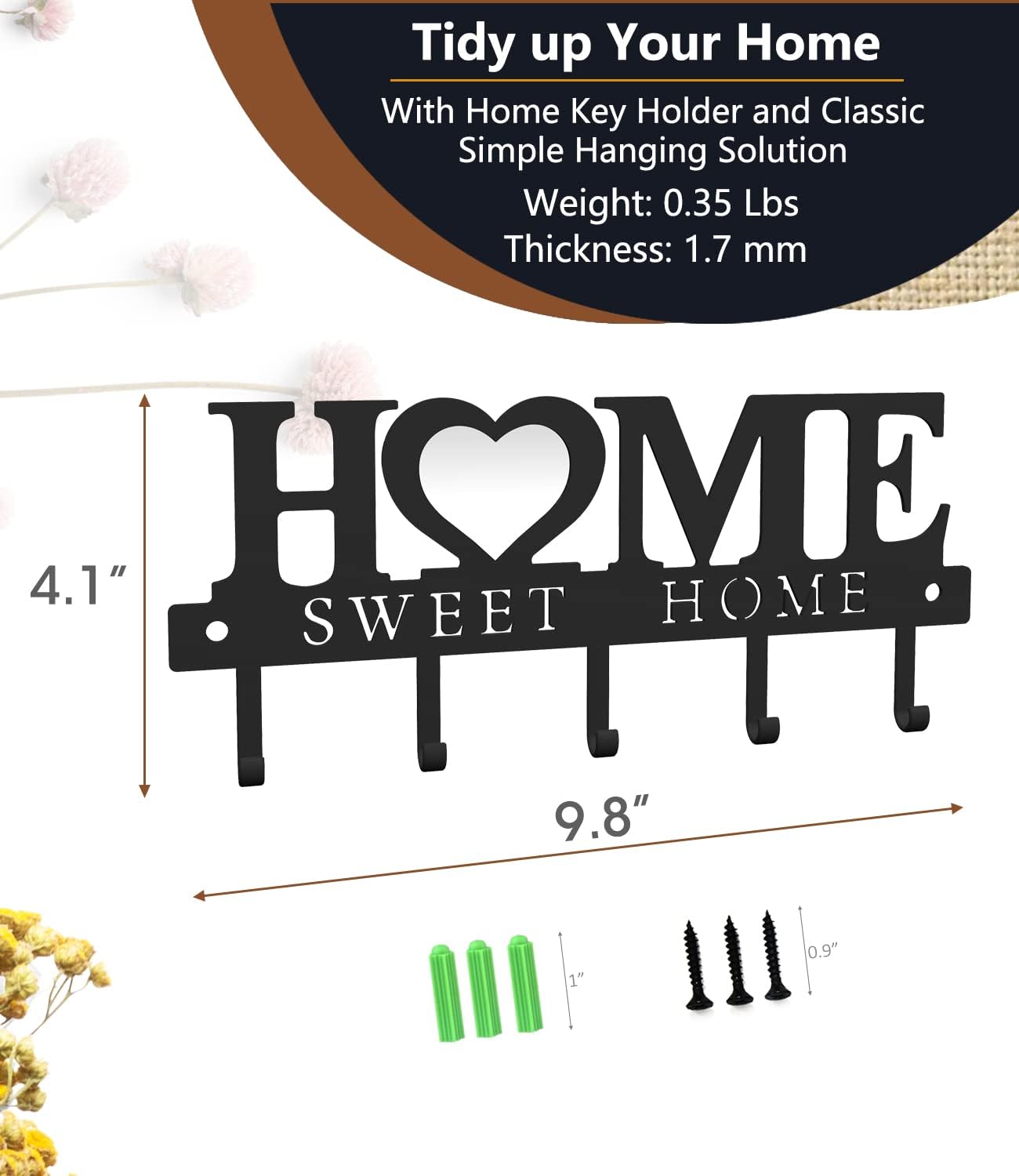 Home Sweet Home Wall Key Holder – 9.8” Metal Organizer Rack with Hooks for Entryway, Kitchen, Garage, Office