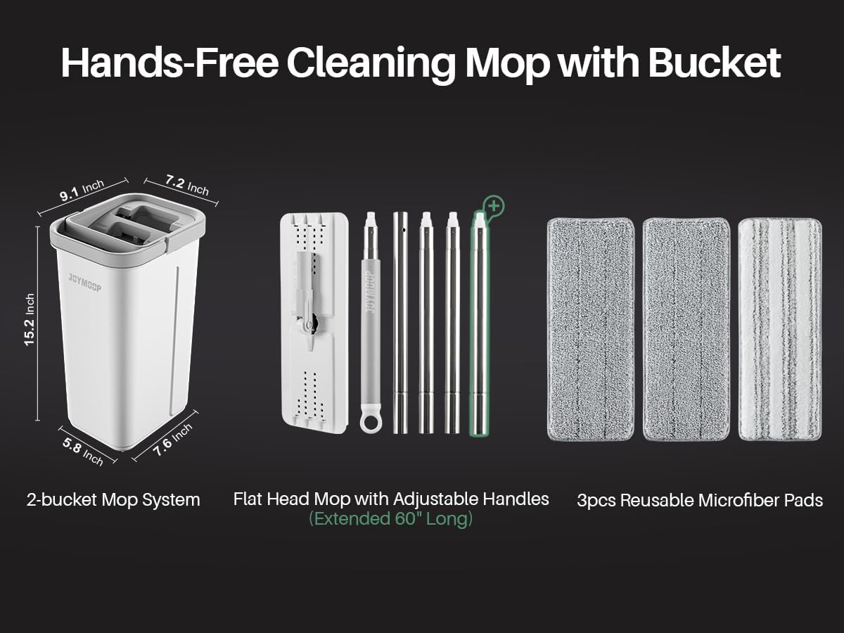 Flat Mop & Bucket Set with Hands-Free Wringer – 60" Handle + 3 Reusable Pads