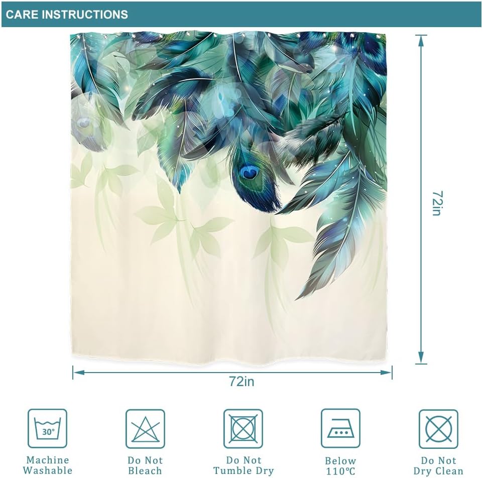Teal Peacock Feather Shower Curtain – 72x72” Watercolor Turquoise Floral Bathroom Decor with Hooks