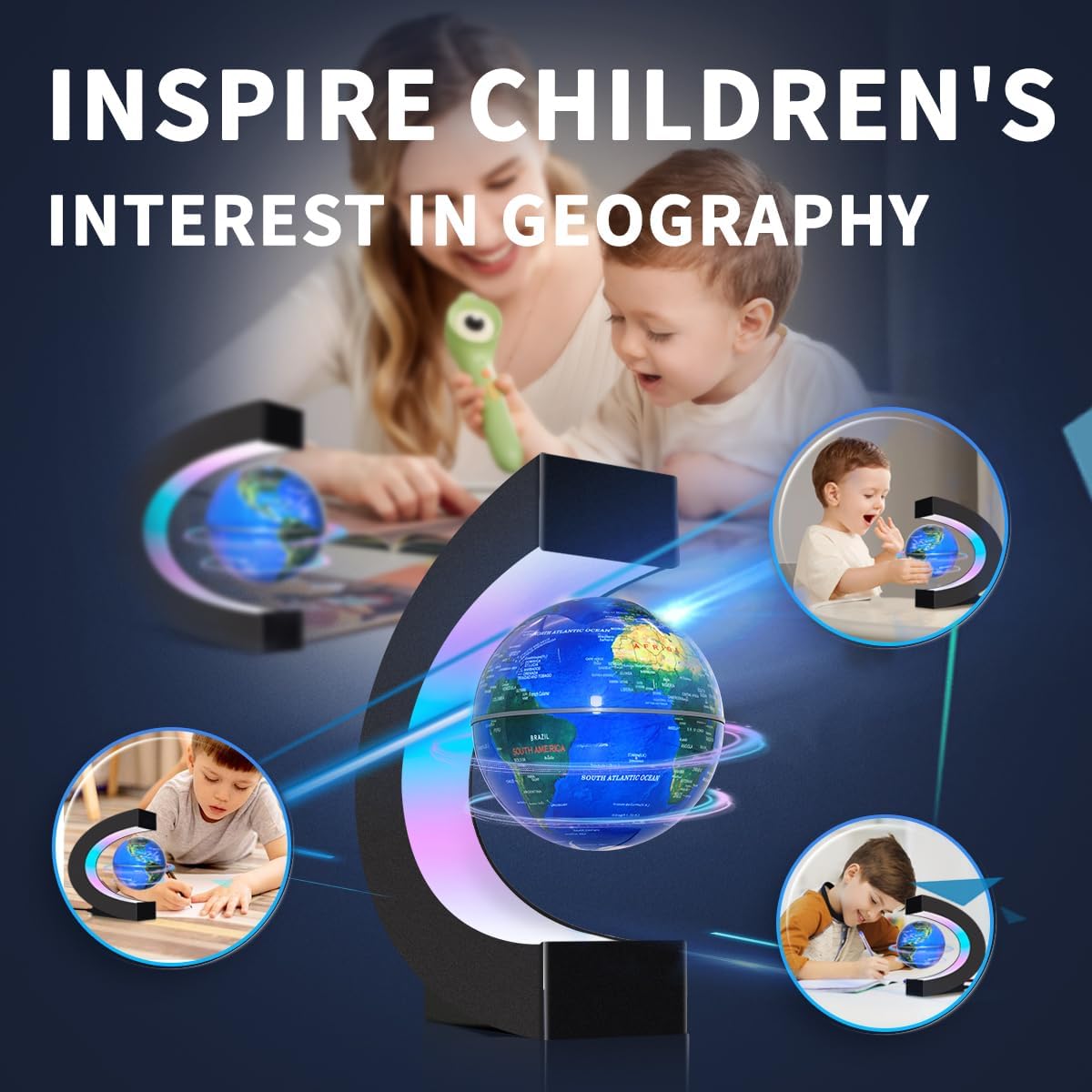 Magnetic Floating Globe with LED Lights – C Frame Levitating Desk Lamp Gift