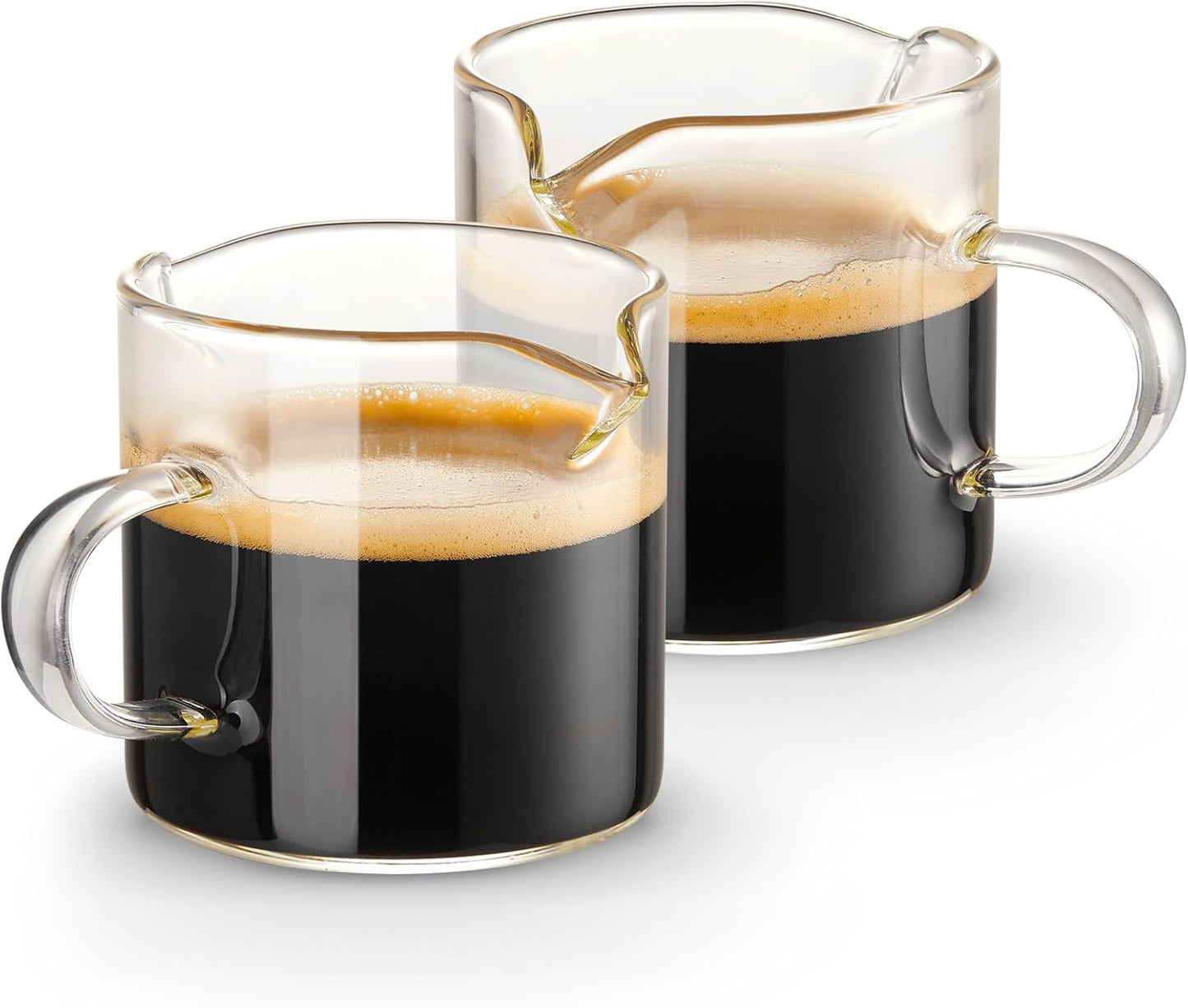 Double Spout Espresso Cups – 2-Pack 4oz Clear Glass Shot Cups with Handle for Coffee & Milk Frothing