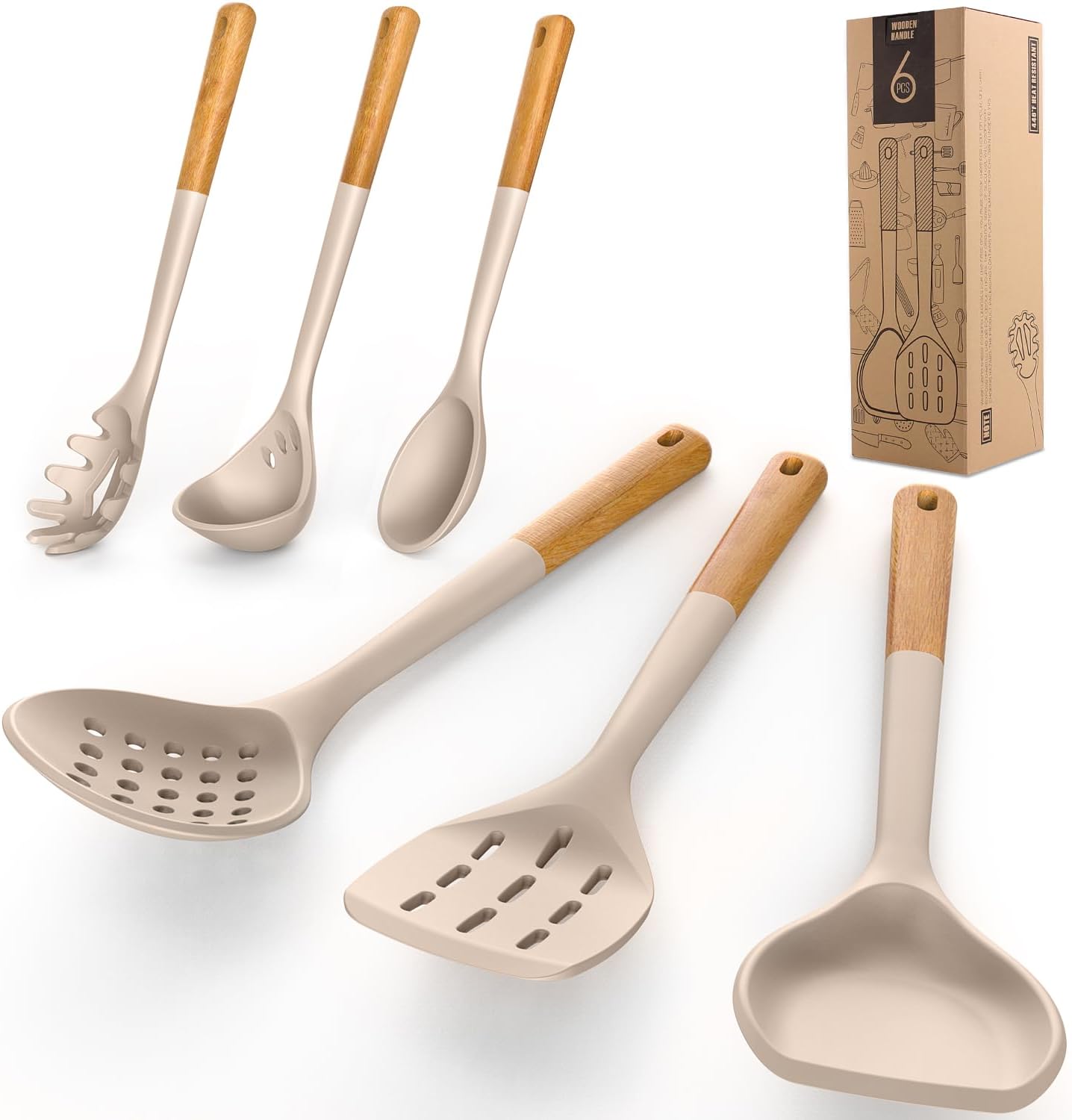Cream White Silicone Cooking Utensils Set – Heat Resistant Kitchen Tools with Wooden Handles
