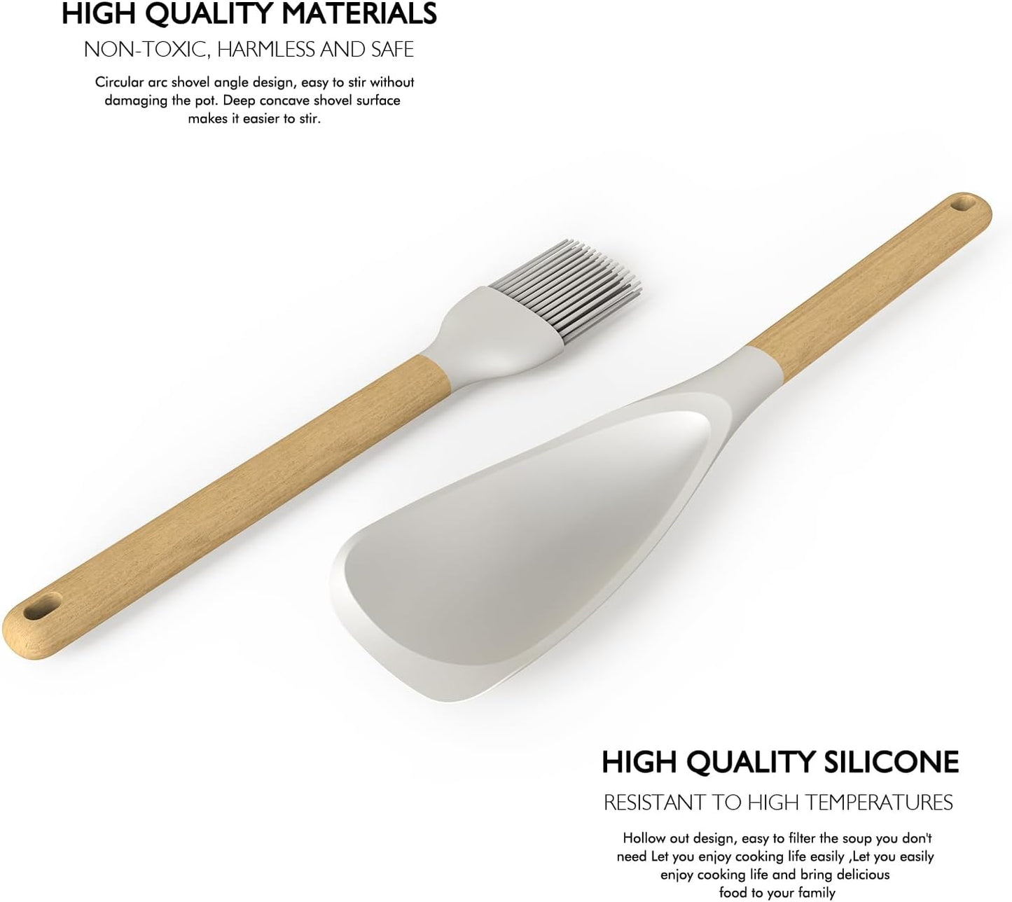 Cream White Silicone Cooking Utensils Set – Heat Resistant Kitchen Tools with Wooden Handles