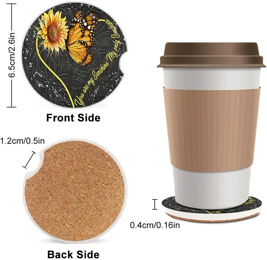 Butterfly Sunflower Absorbent Cup Holders Car Coasters,Ceramic Stone Drinks Coaster Set for Women Man 2.56"(2 Pack)