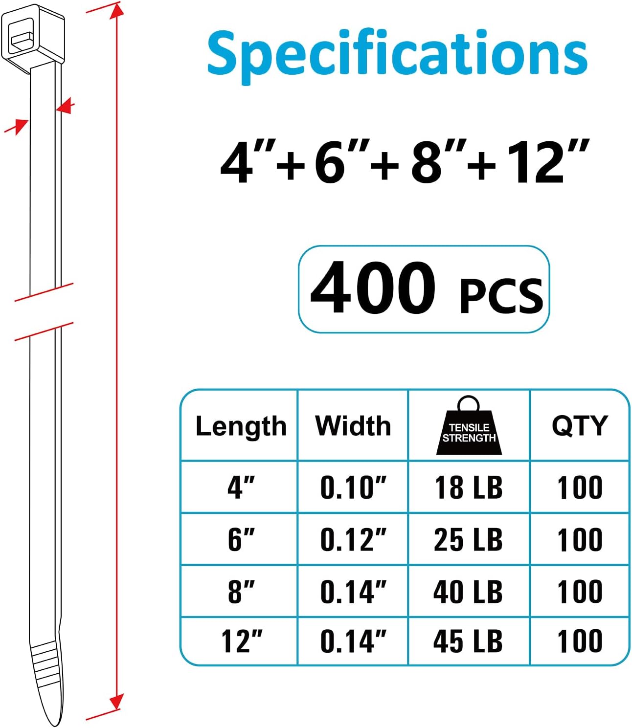 400 Pack UV-Resistant Black Zip Ties – Assorted Sizes (4”, 6”, 8”, 12”)