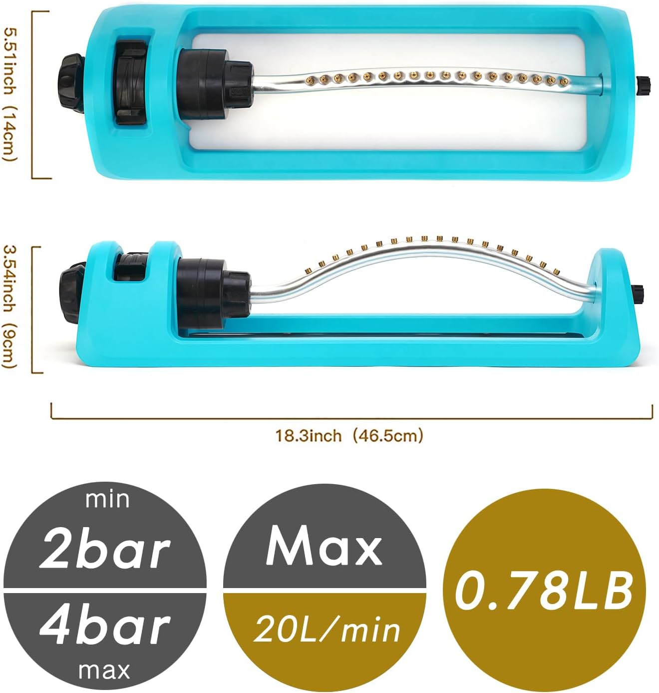 Oscillating Lawn Sprinkler with 18 Brass Nozzles – Covers Up to 3,600 sq.ft (Blue)