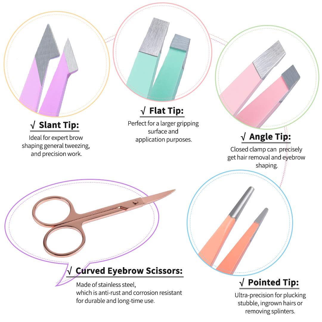 6-Piece Precision Tweezer & Curved Scissor Set for Eyebrow & Facial Hair – with Leather Travel Case