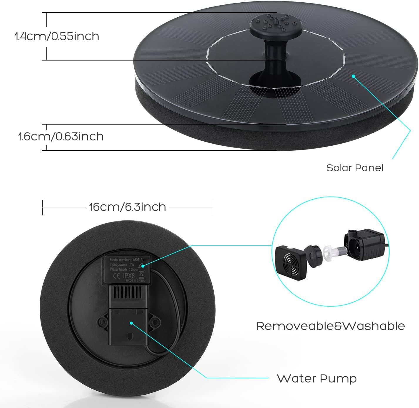 1W Solar Bird Bath Fountain Pump – 6 Nozzles, Floating Design