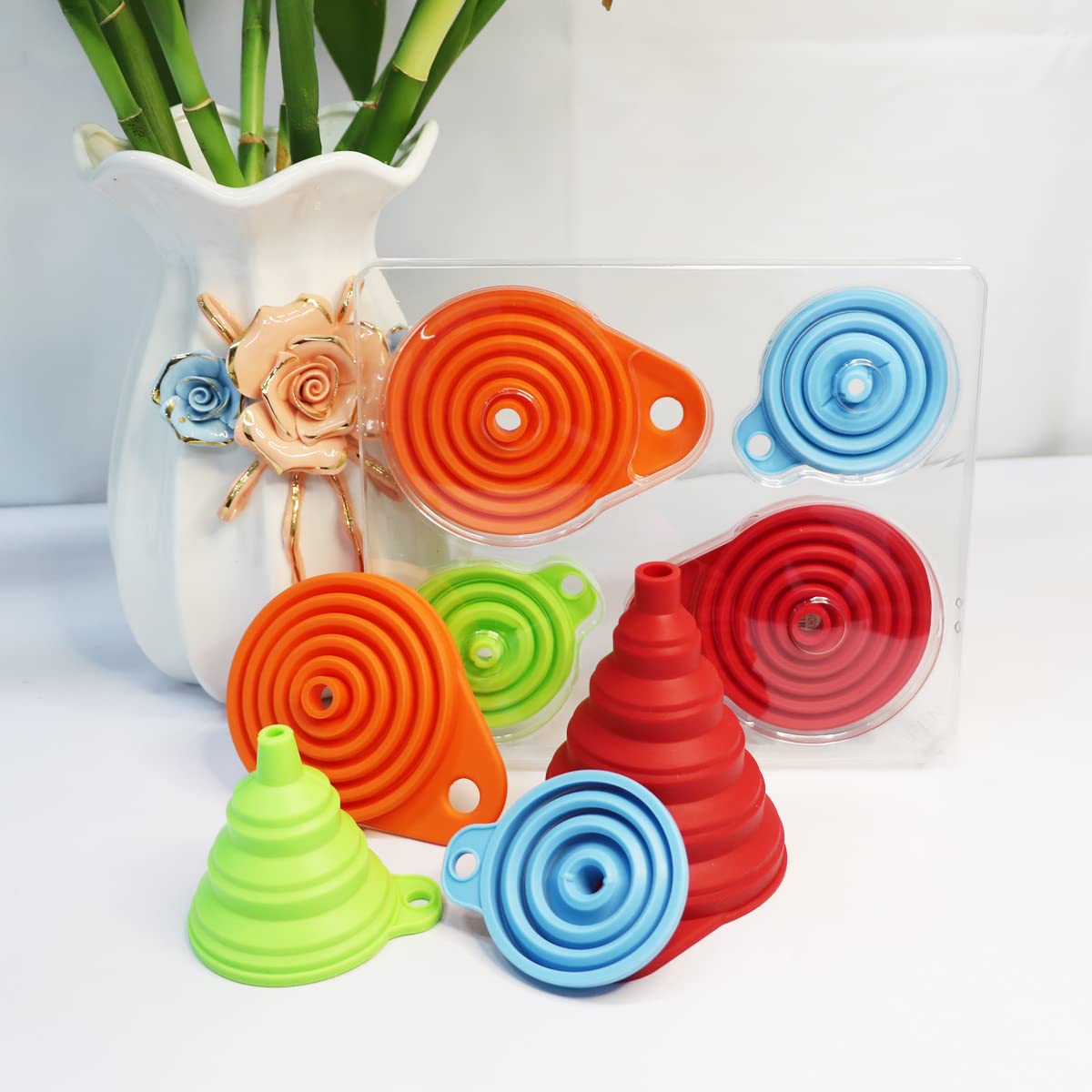 Collapsible Silicone Funnel Set – 4-Pack Foldable Kitchen Funnels for Bottles & Liquids