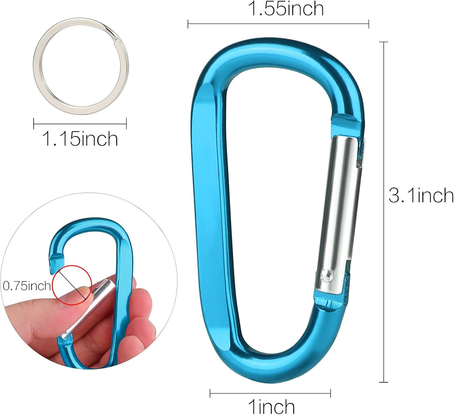 6PCS Black Carabiner Clip Set – 3" Aluminum D-Ring Clips with Keyrings for Keys, Bags, Outdoor Gear
