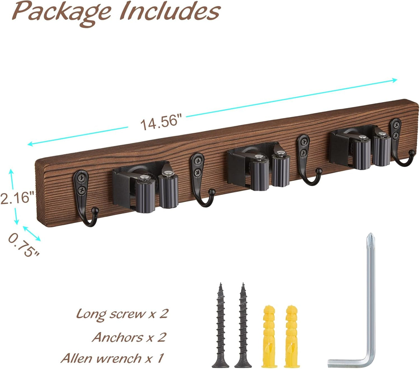 Rustic Wood Broom & Mop Holder Wall Mount – 3 Slots & 4 Hooks for Kitchen, Pantry, Garden, or Laundry Organization